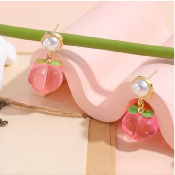 ⭐️❤️ FREE Peach Fruit Pearl Faux Chic Art Hip Modern Pop Girly Artsy Earrings - Picture 3 of 5